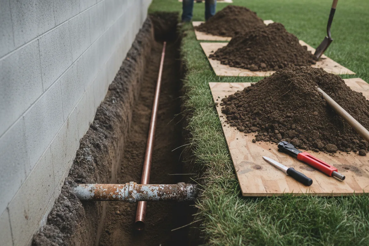 Excavated water line trench during Water Heater Repair in Windham